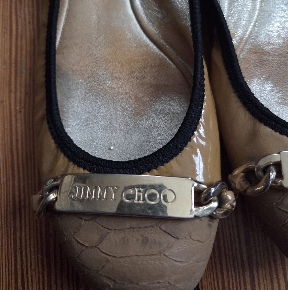 Jimmy Choo Ballet Flats Patent Leather Embossed Tan Gold Hardware Loafers 38 (8) - Picture 7 of 11